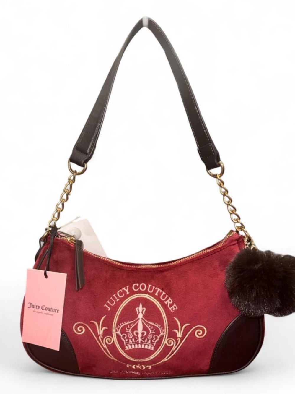 Juicy Couture Burgundy Suede Shoulder Bag with Pom Pom Charm